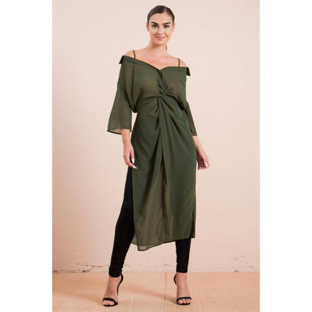 Olive Sheer Cold Shoulder Blouse